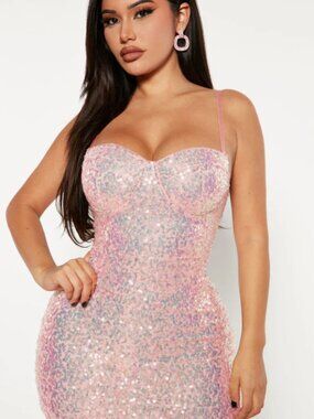 Pink Sequin Pink Mini Dress - Small
